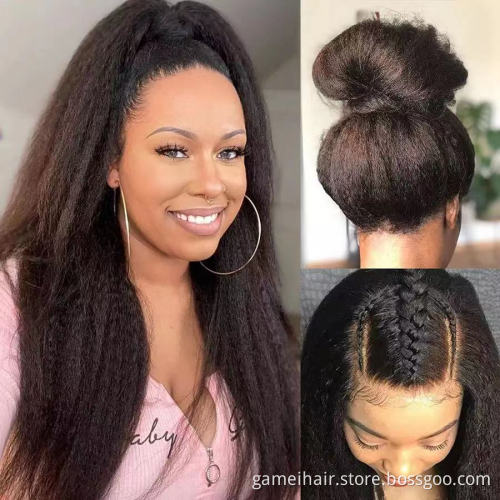 GMwigs yaki 1*4 Lace Wig Kinky Straight Human Hair Wigs Pre Plucked Hair Line Brazilian 10 to 28 Inch 100 Soft Black Light